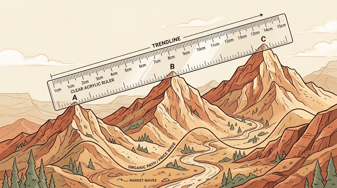 Transparent ruler overlaying a winding mountain road and price path analogy