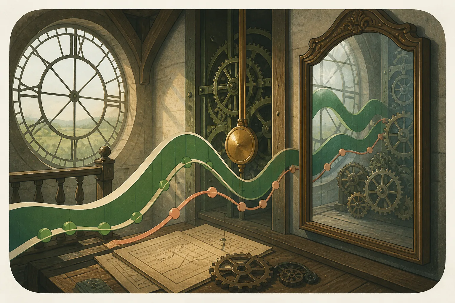 Illustrated set representing indicator lag and historical reflection