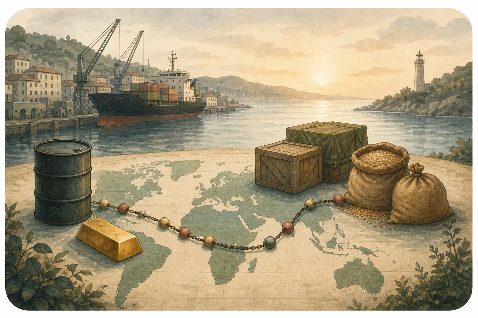 Globe, oil, gold, and shipping icons representing geopolitical transmission into commodities