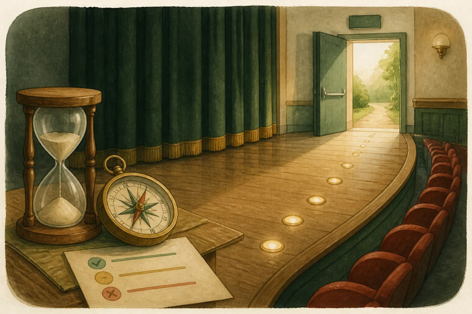 Door, compass, and timer representing exit rules