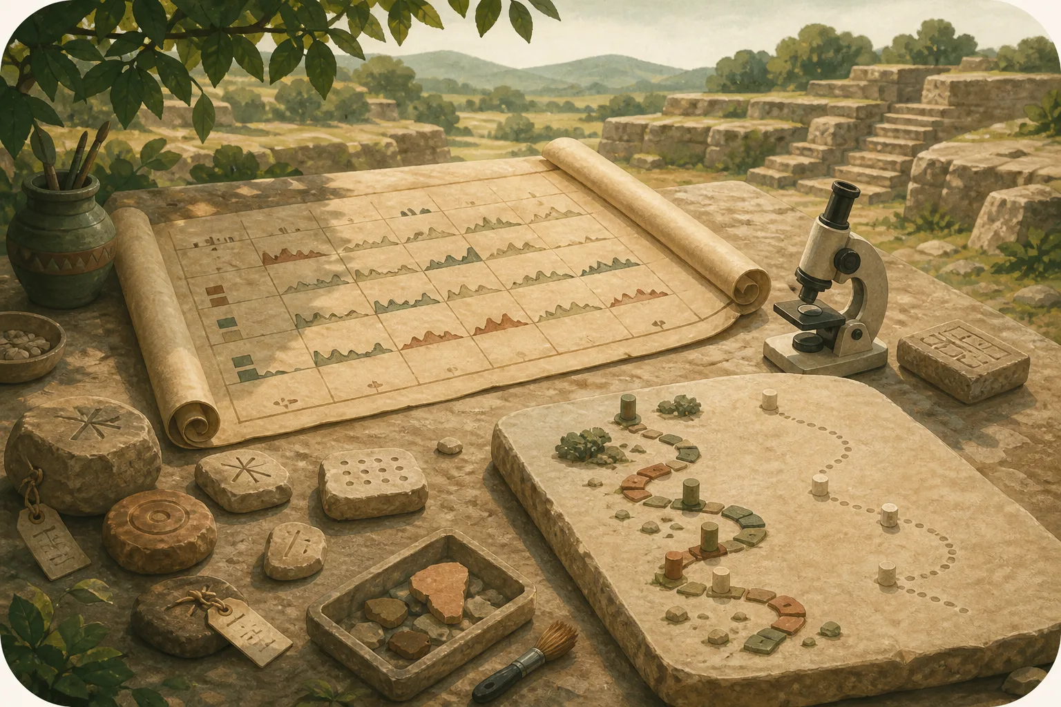 Scroll, microscope, and chart representing manual backtesting