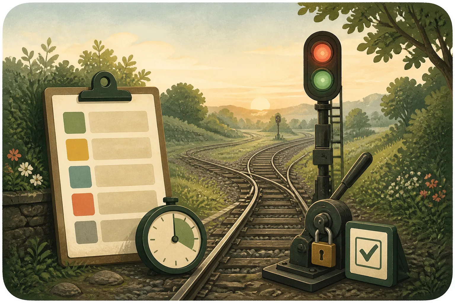 Check mark, clipboard, and timer representing pre-trade checklist