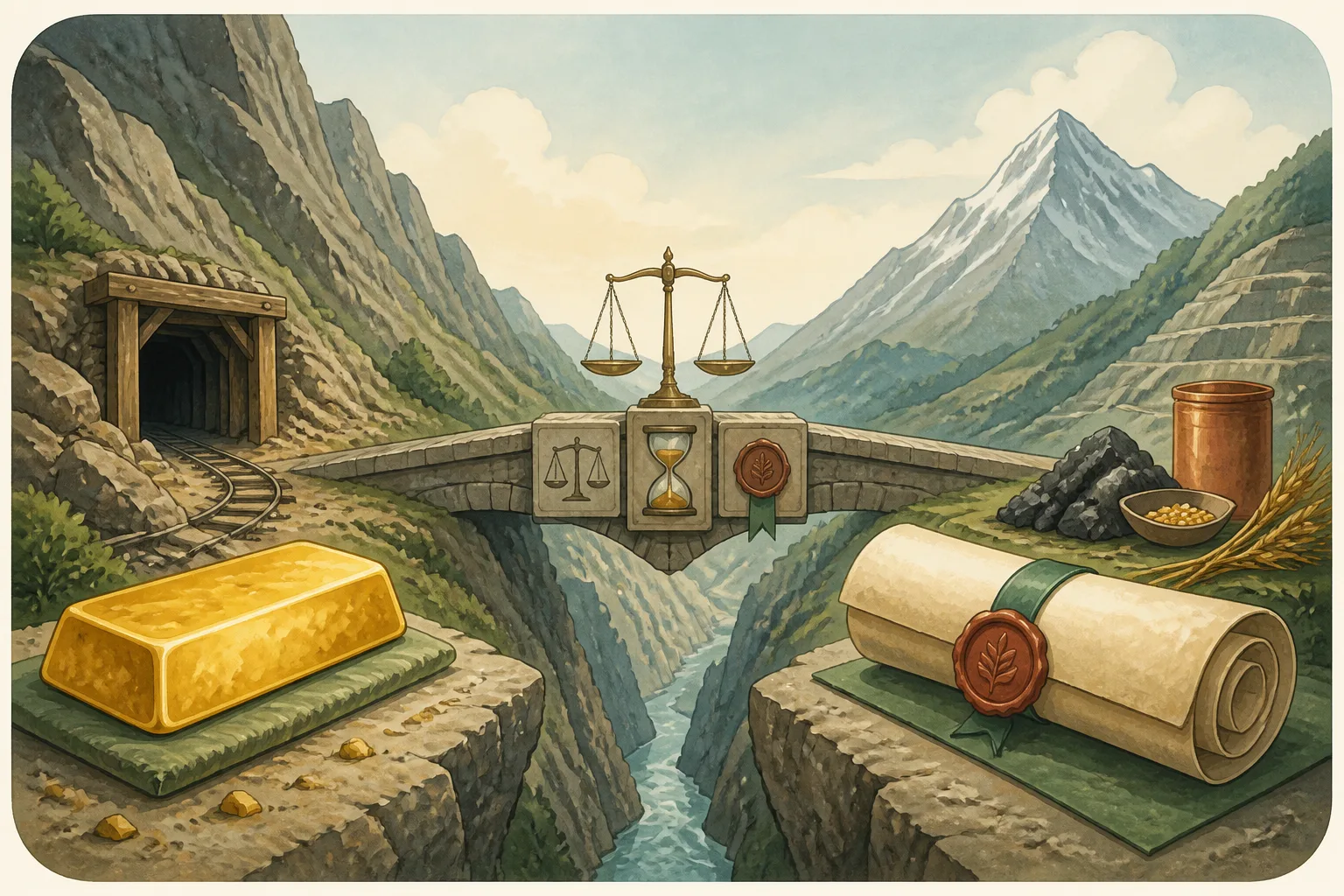 Gold bar, contract scroll, and scale representing commodity roles and specs