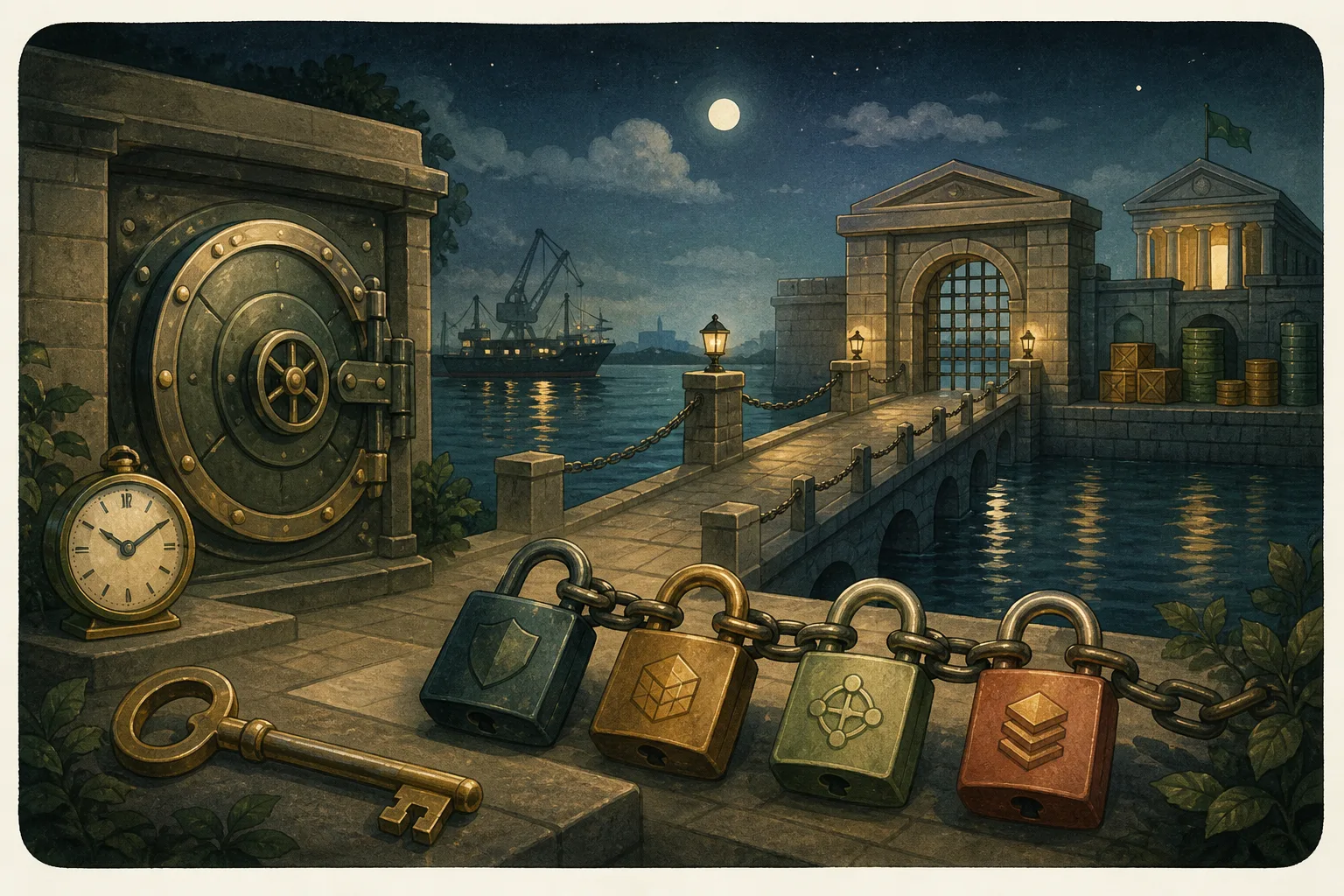 Key, clock, and chain representing crypto market structure