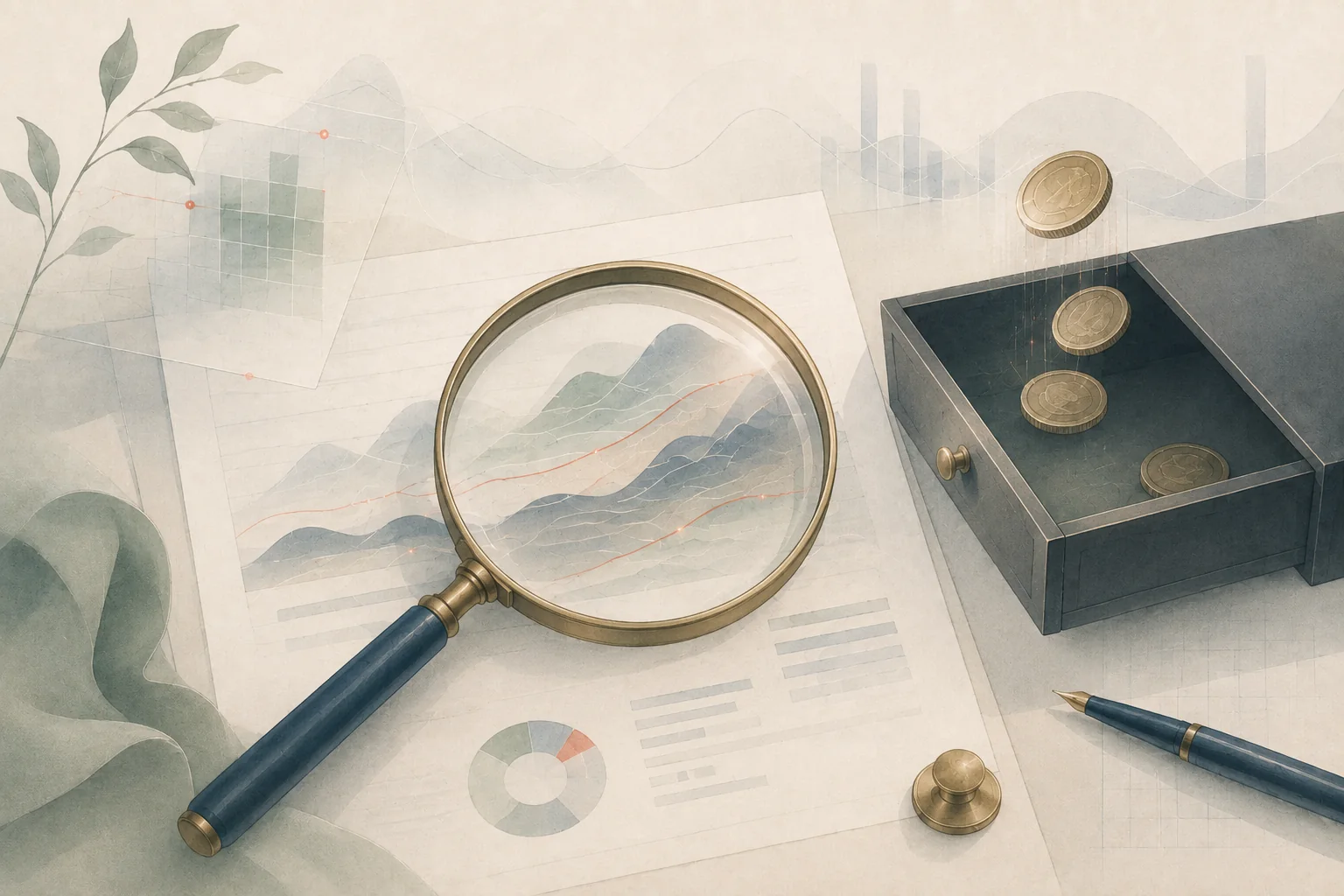 A magnifying glass revealing spreads, slippage, and fees on a trade statement