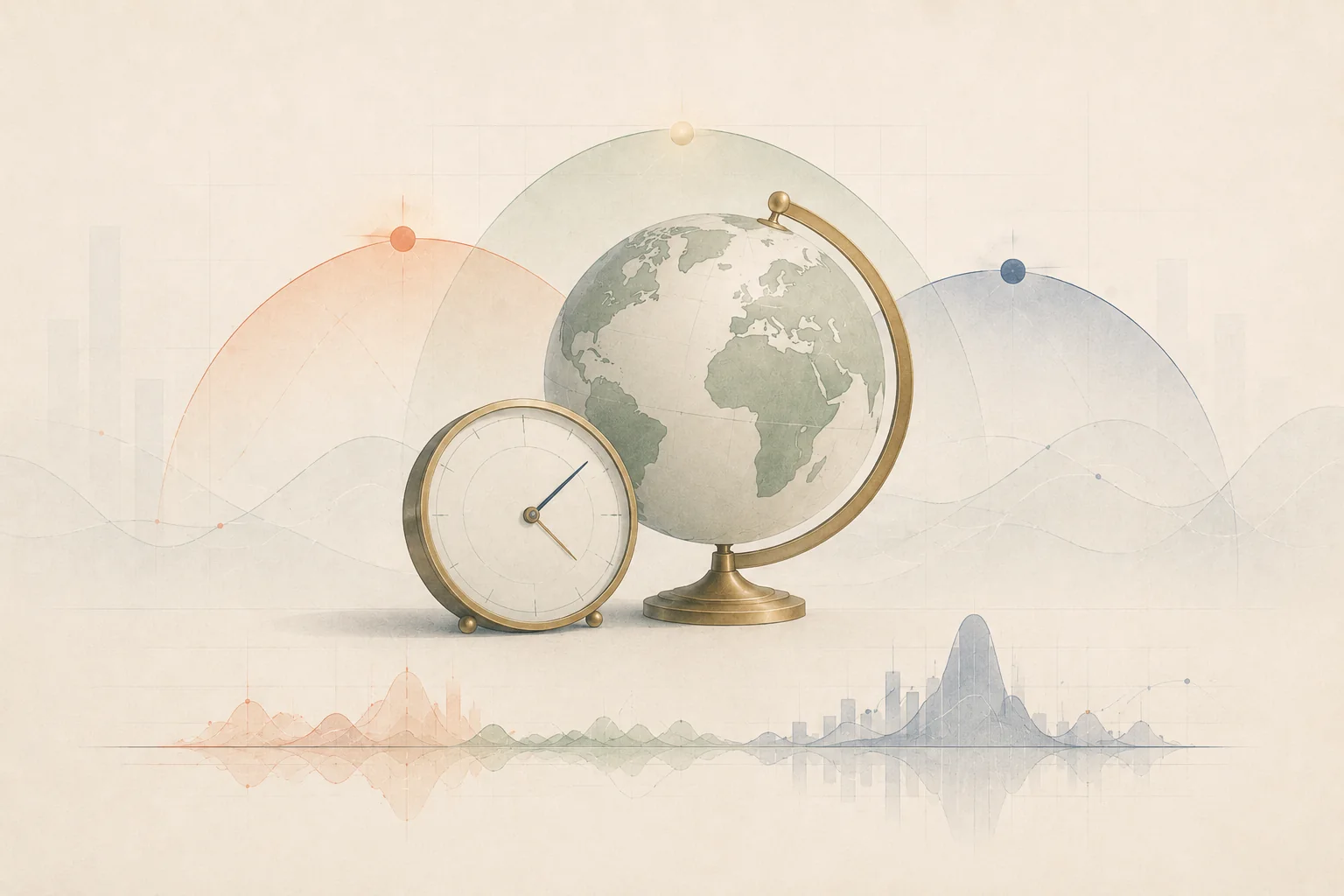 A globe with multiple clocks illustrating how different markets operate on distinct calendars and sessions