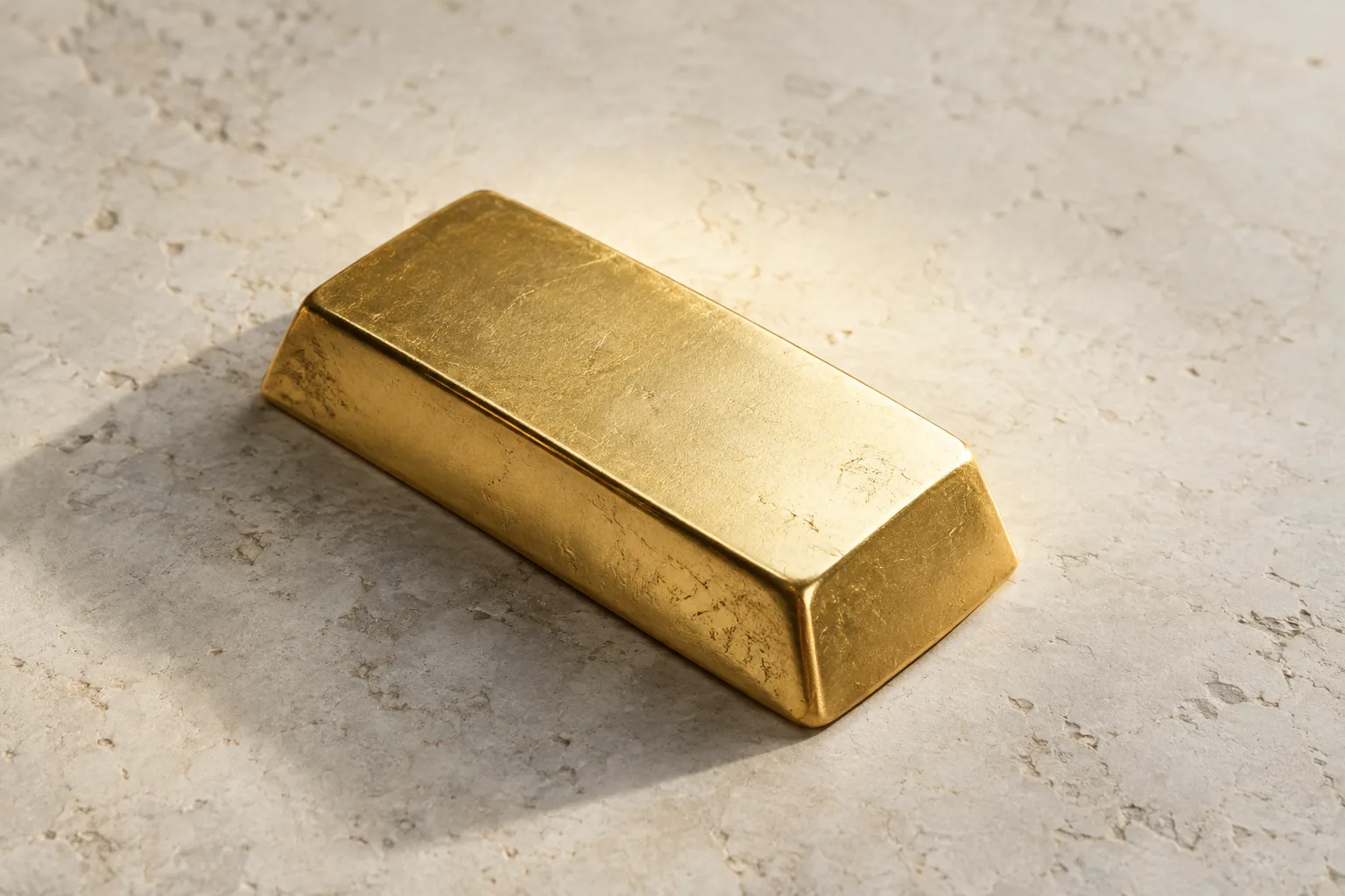 A single gold bar on a pale textured stone surface