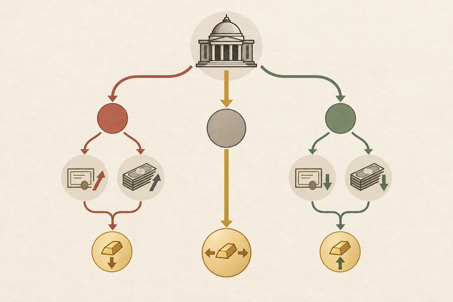 Federal Reserve guidance branches into a tighter outlook, the balanced base case and a pause signal with different gold outcomes