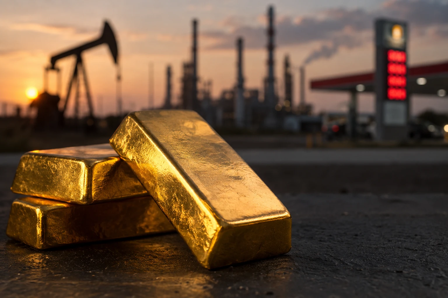 Gold bars on a dark matte surface with softly blurred oil infrastructure in the distance
