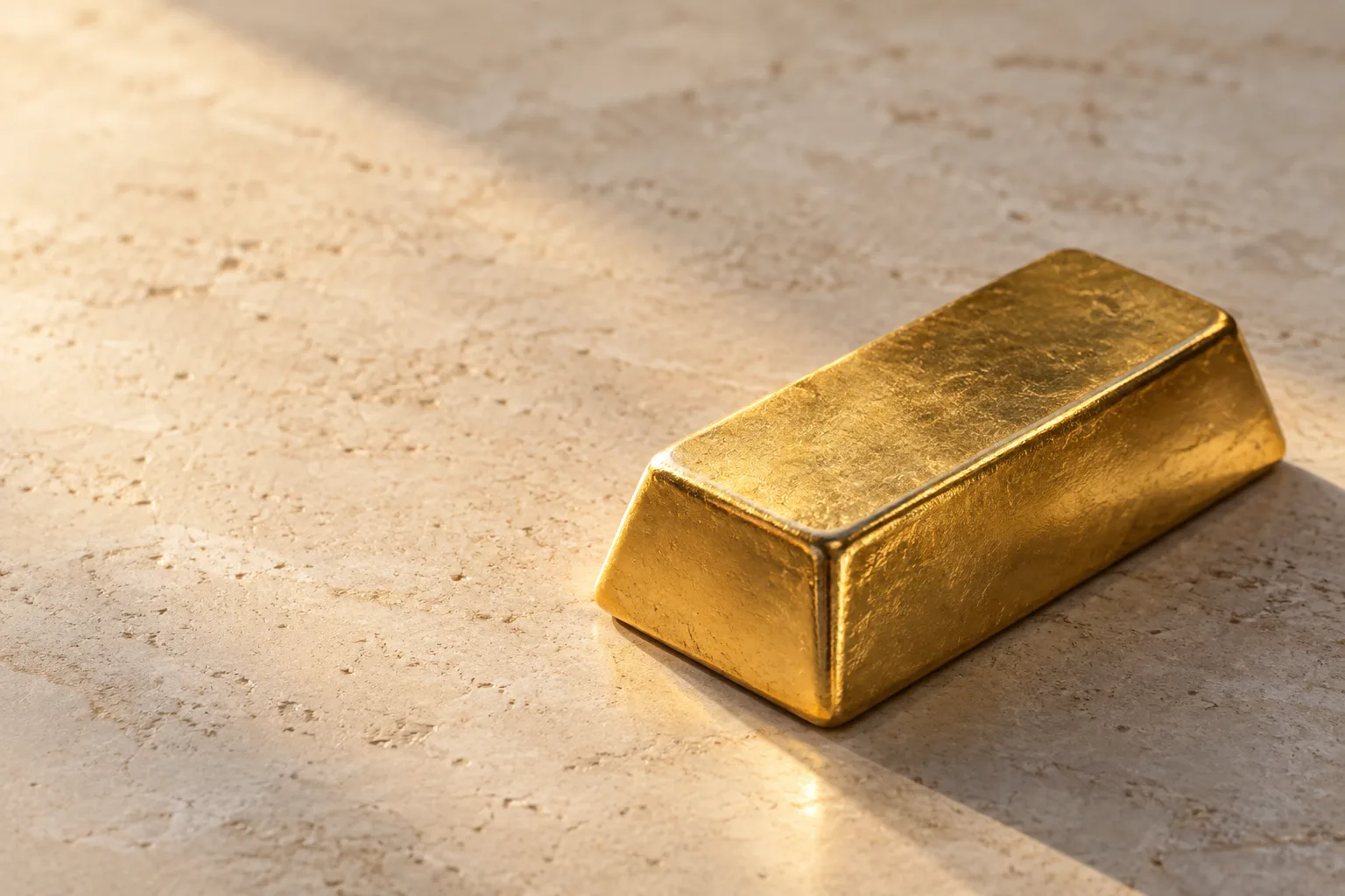 A single gold bar on a pale stone surface in warm natural light
