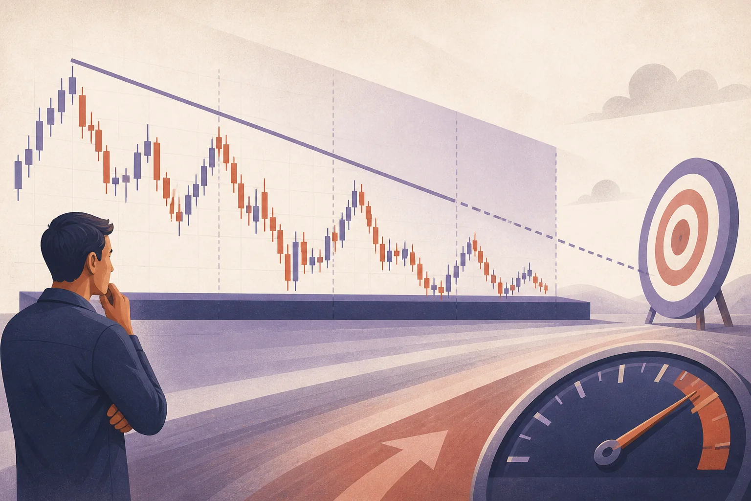 A hand-drawn diagonal reference line compared against actual market price paths